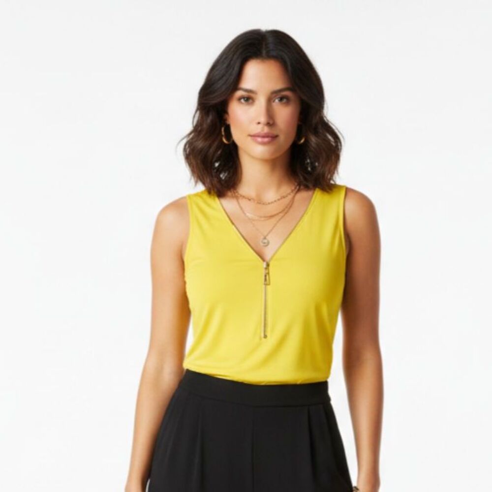 Carmen Marc Valvo Yellow Sleeveless Zip Neck Blouse Top NEW S - Picture 1 of 5